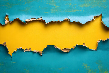 Obraz premium Torn Teal Paper Reveals Yellow Background; Abstract Texture Image