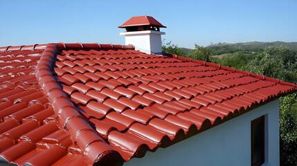 Naklejka premium Red Tile Roof on White House with Chimney