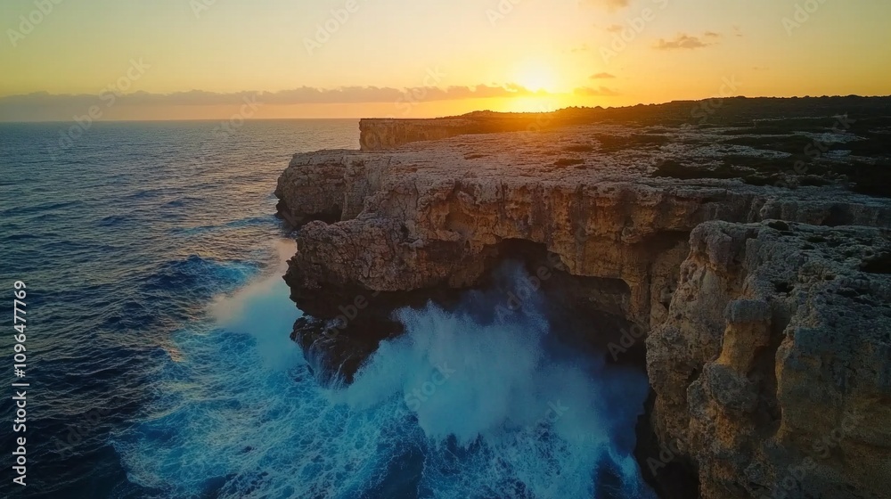 Poster the ocean is crashing against the rocks, creating a powerful and dramatic scene