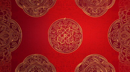 Gold Chinese floral pattern on red background.  Concept of traditional Asian design, luxury, and celebration.