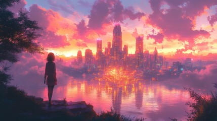 Fototapeta premium A serene city sunset view with a girl contemplating the horizon