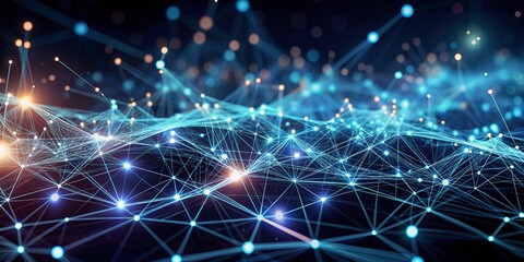 Fototapeta premium 4K Animation 3D Abstract Dark Background with Moving Dots and Lines Representing Cyber Futuristic Data Transfer and Network Connection Concepts in a Digital Landscape