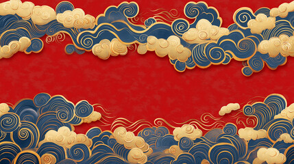 Chinese style clouds and gold border on red background.  Concept of auspiciousness, tradition, and celebration.