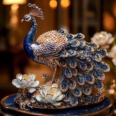 Fototapeta premium Exquisite Jeweled Peacock Sculpture with Floral Design Illustration