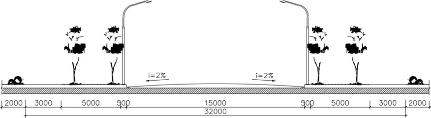 vector sketch, silhouette illustration, landscape design, layout of a highway section with a park containing trees 