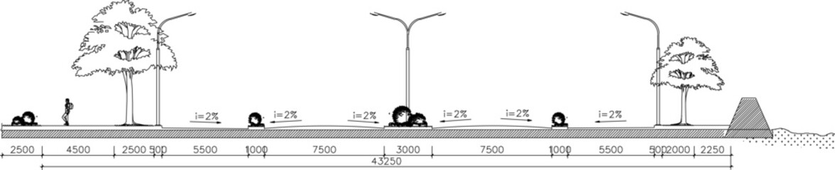 vector sketch, silhouette illustration, landscape design, layout of a highway section with a park containing trees © achmad