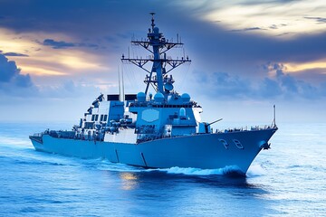 A naval destroyer navigating through the ocean at sunset.