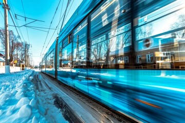 Low angle view of an eco friendly electric tram in a snowy city preparing for christmas festivities