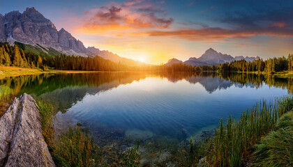 A breathtaking sunset illuminates a perfectly still mountain lake surrounded by golden autumn foliage, creating a mirror-like reflection of the majestic mountain peaks against the vibrant sky.