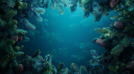 Fototapeta premium Christmas Frame of Fir Branches, Pine Cones on Blue, Festive Winter Holiday Composition.