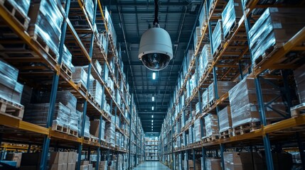 Fototapeta premium Modern Warehouse Interior with Security Camera and Storage Racks
