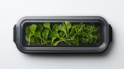 Overhead Shot of Fresh Mixed Salad Greens Displayed in a Clear Container with Water Drops on Leafy Vegetables for Healthy Eating Concepts