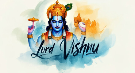 A modern artistic rendition of Lord Vishnu with text emphasizing his divine name, surrounded by ethereal clouds and cosmic elements, embodying universal preservation