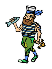 A sailor walks holding a fish and an anchor