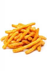 Closeup of orange cheetos stacked in the center of the image.Month of snacks.