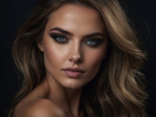 A captivating female portrait with enchanting eyes, radiating beauty and elegance, highlighted by soft lighting and a serene expression