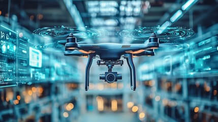 Modern Drone Capturing Aerial Imagery In High-Tech Warehouse Environment