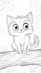 Obraz premium a coloring picture for children aged 2 with a cute kitten in cartoon style, should sit on a log, have big expressive eyes and a fluffy tail, look straight ahead.