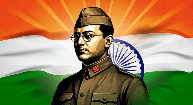A bold illustration of Netaji Subhas Chandra Bose in military attire, set against the Indian flag, emphasizing his leadership and patriotism
