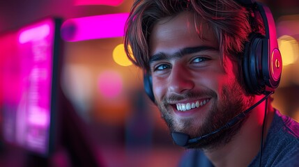 Energetic Gamer with Headset Smiling at Computer Screen in Neon Light
