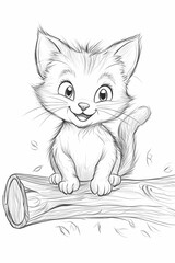 a coloring picture for children aged 2 with a cute kitten in cartoon style, should sit on a log, have big expressive eyes and a fluffy tail, look straight ahead.
