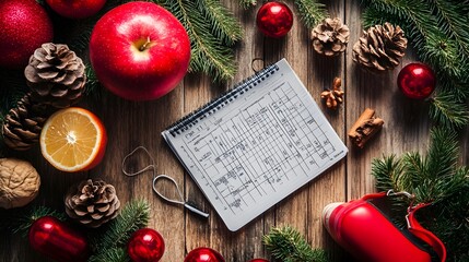 Festive holiday arrangement with fruits, pinecones, and a planner.