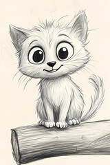 a coloring picture for children aged 2 with a cute kitten in cartoon style, should sit on a log, have big expressive eyes and a fluffy tail, look straight ahead.