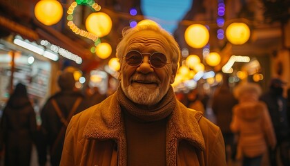Obraz premium Chic santa claus in sunglasses surrounded by snowflakes and new year s lights, majorelle style