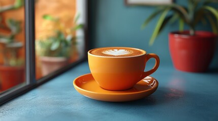 Fototapeta premium Orange Cup of Latte Art Coffee
