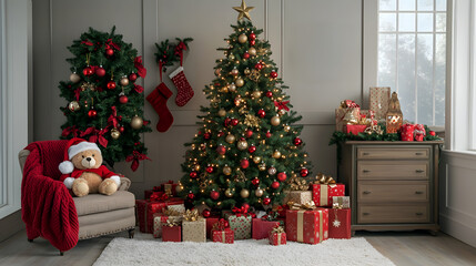 Cozy Christmas Living Room with Decorated Tree, Gifts, and Festive Teddy Bear
