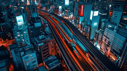 Obraz premium Vibrant cityscape at night showcasing illuminated trains in a bustling urban environment.