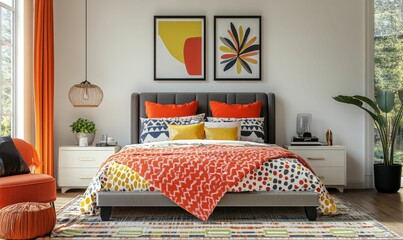Modern bedroom, orange accents, patterned bedding.