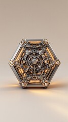 Fototapeta premium A hexagonal metal piece with intricate carvings and subtle metallic sheen under soft warm lighting, hexagonal metal, abstract design, artisanal craftsmanship, geometric pattern