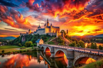 Fototapeta premium A Majestic Flaming Castle Overlooking a Serene Bridge Amidst a Fiery Sunset - Enchanting Fantasy Landscape for Imaginative Scenes and Storytelling