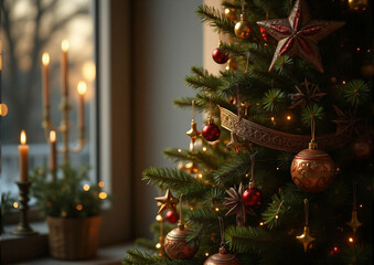 Beautifully decorated Christmas tree with ornaments and candles for Orthodox Christmas celebration