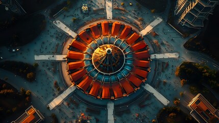 Obraz premium Aerial view of a stunning circular structure during sunset, surrounded by people.