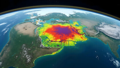 Fototapeta premium Satellite-Assisted Crop Analysis - visualization of farmland observed from space, with satellite imagery overlaying sections of the earth v3