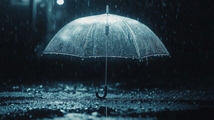 A glowing umbrella in the rain, capturing a serene moment.