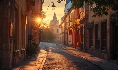 Fototapeta premium A picturesque European street bathed in the warm, golden hues of sunset