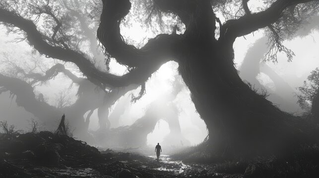 A man walks alone through a misty forest. This photo is perfect for illustrating mystery, isolation, and the unknown.