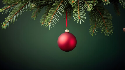Elegant Red Christmas Ornament Hanging on Pine Tree Branch.