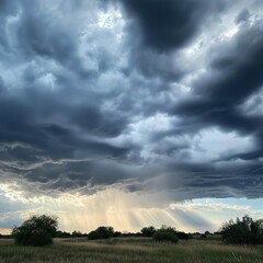 A dramatic sky with sun rays piercing through gaps in massive white clouds