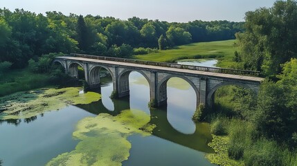 Fototapeta premium Scenic view of an ancient stone bridge over a serene waterway surrounded by lush greenery.