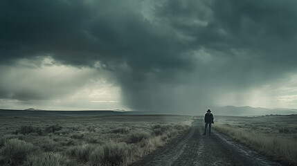 A dramatic sky with sun rays piercing through gaps in massive white clouds