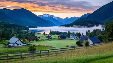 Misty mountain village at sunrise with serene pastoral landscape