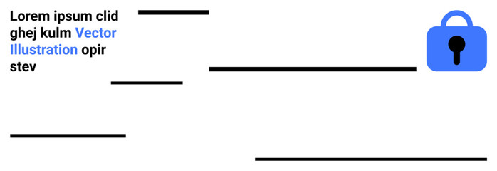 Blue lock icon indicating security beside abstract text lines. Ideal for privacy, cybersecurity, data protection, secure communication, technology services, online safety, and network security