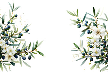 Minimalistic greenery border with olive branches and small white flowers, arranged in a natural arc along the top and bottom. Transparent background.