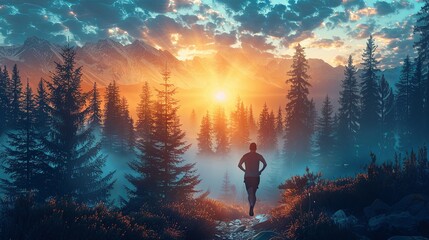Fototapeta premium Athlete running on a trail through a scenic mountain landscape