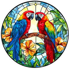 Obraz premium Vibrant exotic parrots in stained glass style artistic clipart lush botanical environment colorful visuals nature concept