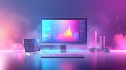 Fototapeta premium Isometric data visualization workspace with&nbsp;frosted glass effect, featuring holographic gradients and floating UI elements in modern tech dashboard design.